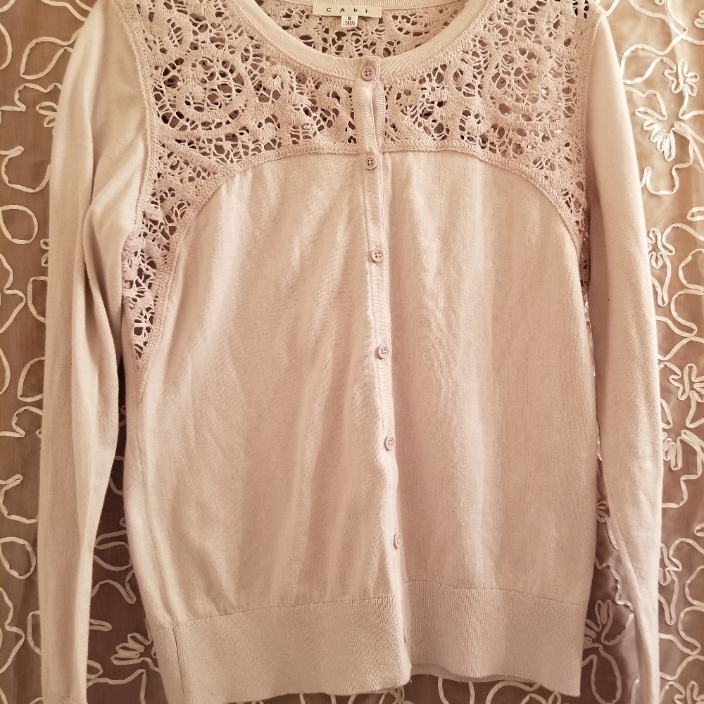 CABI SMALL Lilac Cardigan Lace Yoke Soft Pre-owned